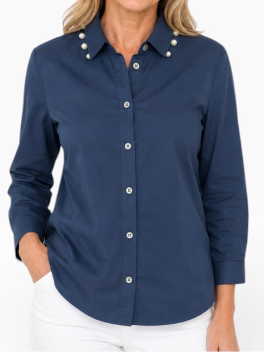 Lela Rose Pearl Navy Blue Cotton Poplin Button Front Shirt with Pearl Detail 8